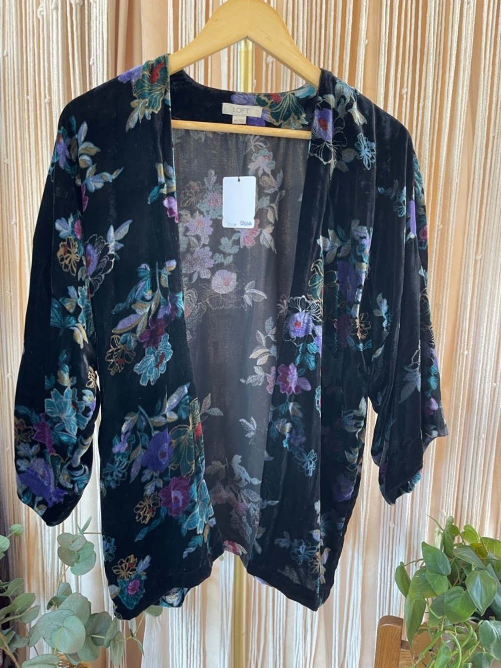 LOFT black velvet floral kimono open cardigan vibrant multicolor jewel tone - Picture 3 of 10